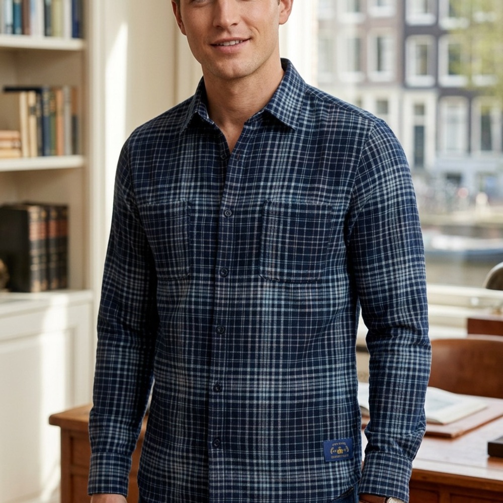 Scotch & Soda Men Shirt Indigo Over Blue Check Long Sleeve Button Up Preppy Sz M